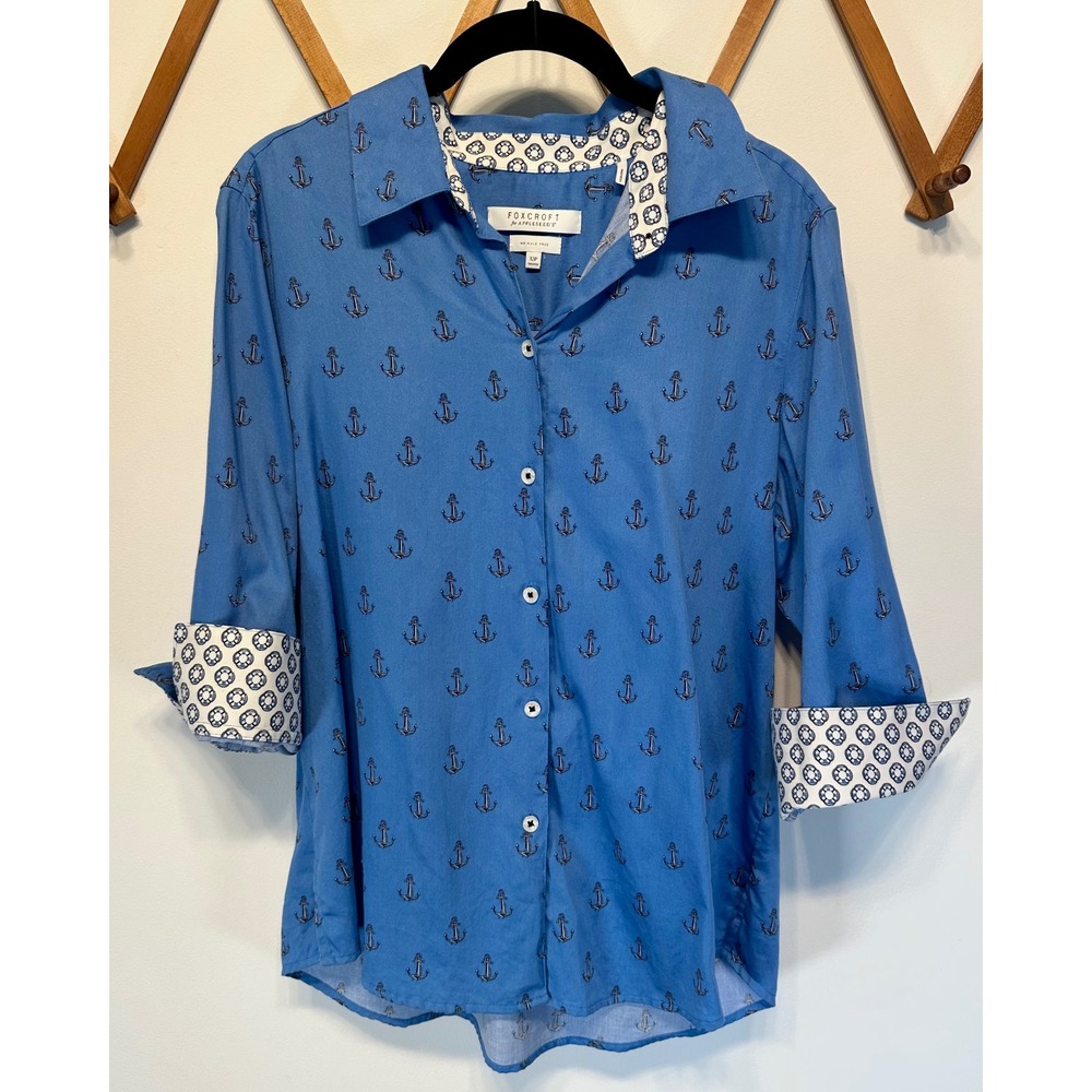 Blue Foxcroft for Appleseed's Anchor Print Button-Down Nautical 12P Petite